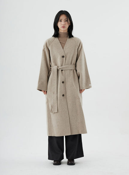 V-Neck Waist Tie Long Coat ON02