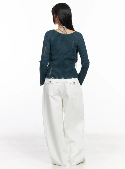 Distressed V-Neck Knit Sweater CF504