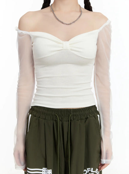 Sheer Frill Off-Shoulder Long Sleeve Top CM511