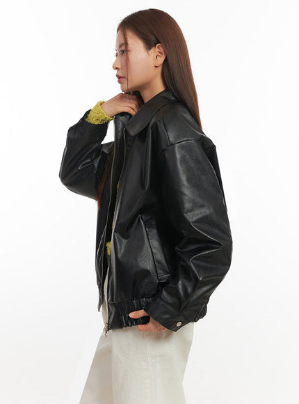 Faux Leather Zip-Up Bomber Jacket IM513