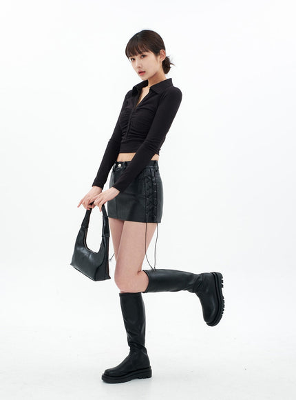 Open Collar Shirring Long-sleeve Top CA01