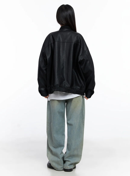 Oversized Faux Leather Baseball Jacket CO515