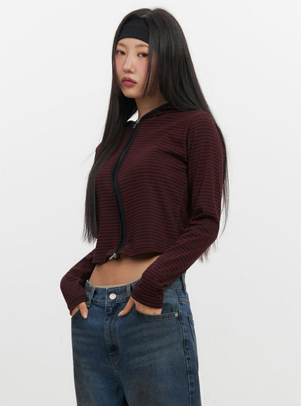 Striped Zip-Up Hooded Crop Jacket IF510