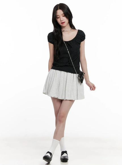 polka-dot-puff-sleeve-ribbon-top-cl516