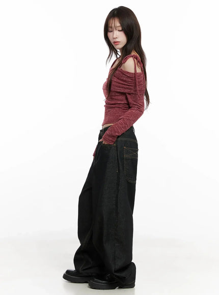 Knit Ribbon Strap Off-Shoulder Top IN514