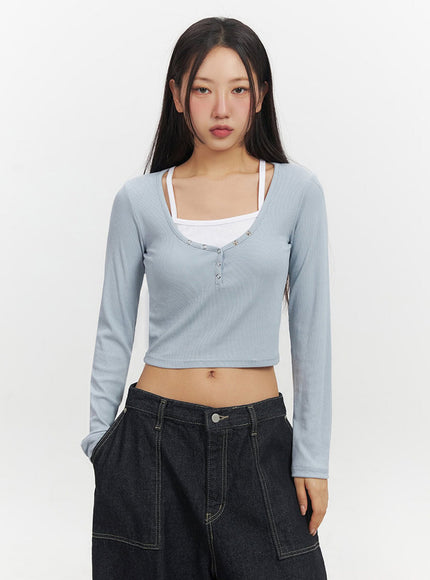 Buttoned Layered Long-Sleeve Crop Top IF510