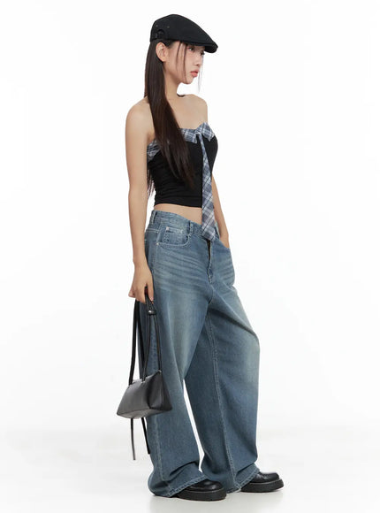 contrast-plaid-tie-tube-top-cl508
