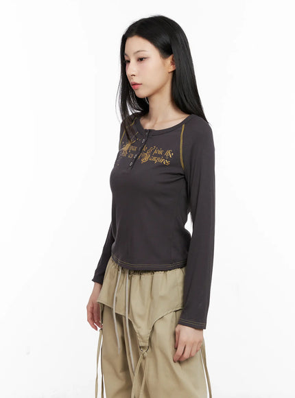 Tattoo Graphic U-Neck Long Sleeve Tee CG526