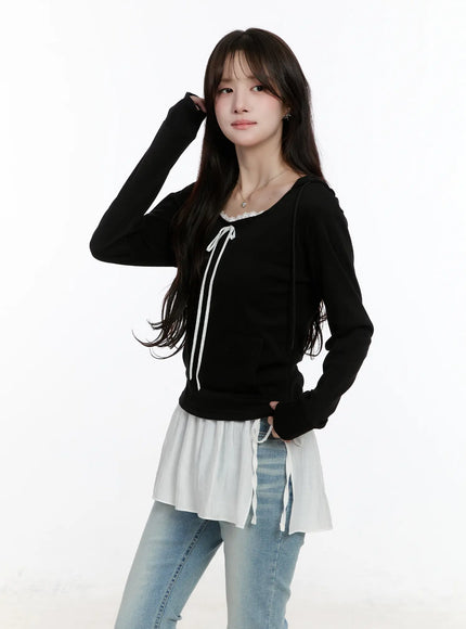 lace-ribbon-hooded-long-sleeve-top-cm505 / Black
