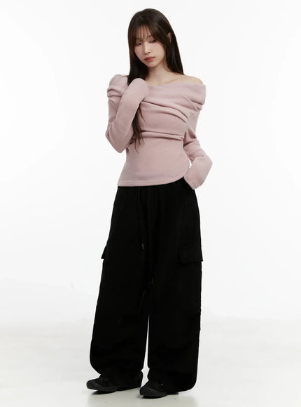 Fleece Off-Shoulder Long Sleeve Top IJ521