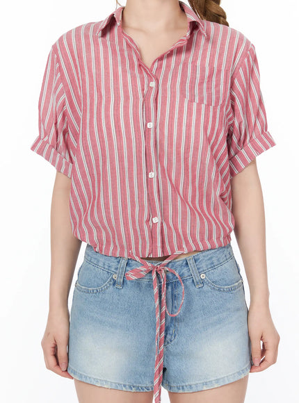 Striped Tie-Front Short Sleeve Shirt CY505