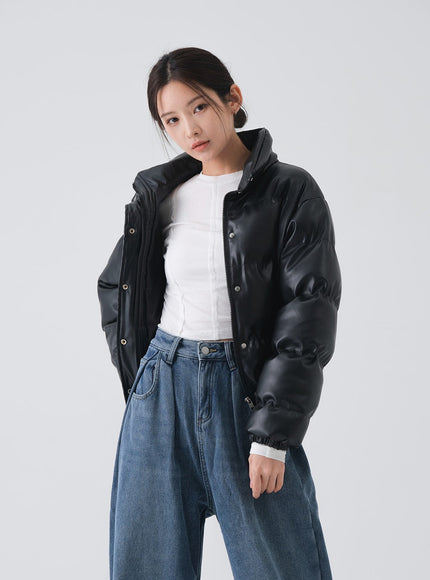 Faux Leather Cropped Puffer Jacket CS07