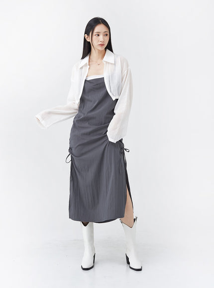 Side Shirring Sleeveless Strap Maxi Dress OG12