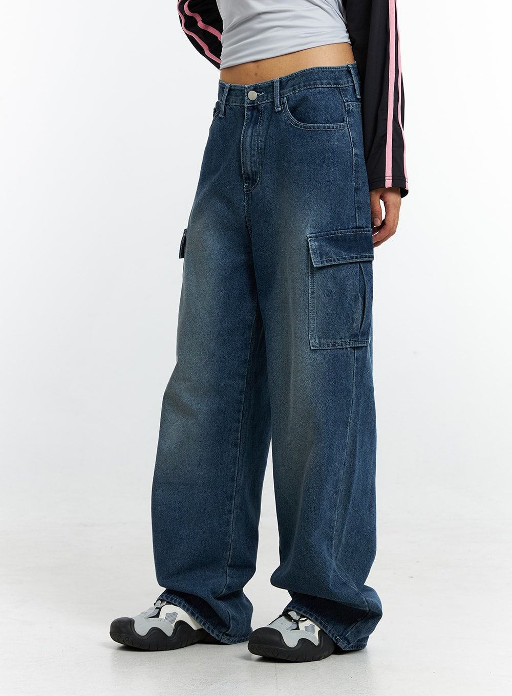 Side Flap Pocket High Waist Denim Cargo Pants Light Washed - Temu