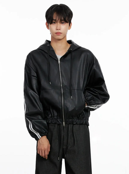 Men's Faux Leather Track Hooded Jacket IO517