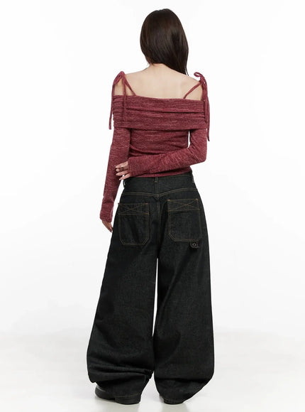 Knit Ribbon Strap Off-Shoulder Top IN514