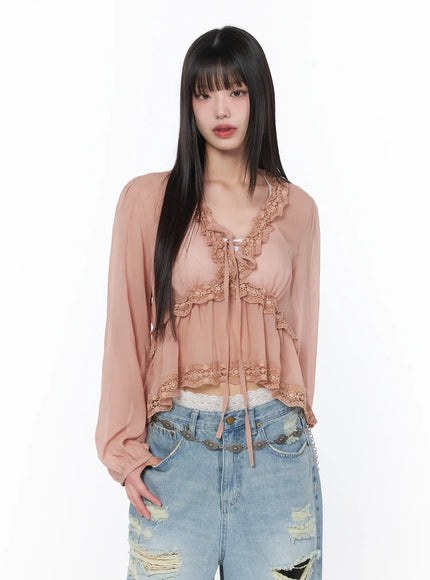 sheer-lace-v-neck-ruffle-blouse-ca528 / Pink