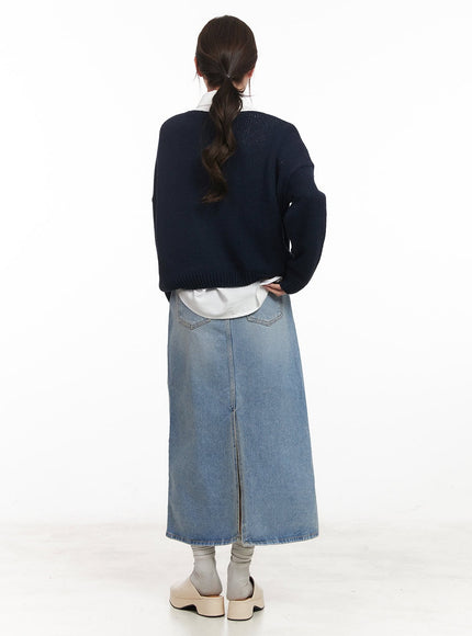 Back-Slit Stitched Denim Maxi Skirt CM511