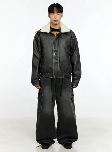 Men's Dark-Washed Cargo Wide Pants IN525