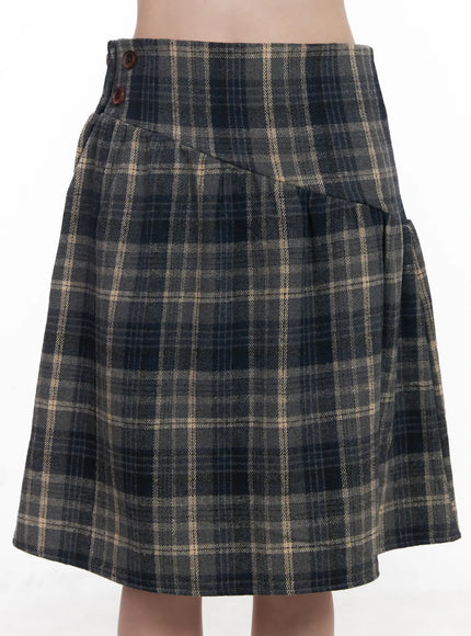 plaid-button-detail-flare-midi-skirt-cj520