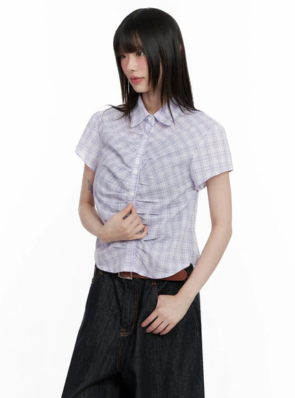 shirred-plaid-button-up-blouse-il531