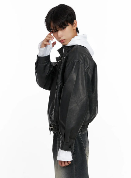 Men's Faux Leather Toggle Buckle Jacket IO516