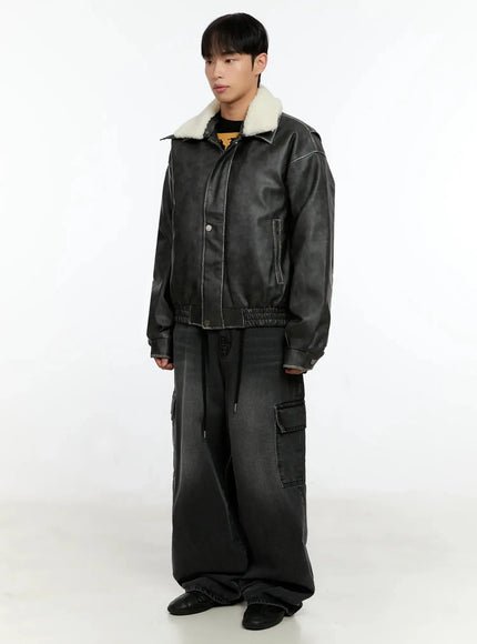 Men's Dark-Washed Cargo Wide Pants IN525