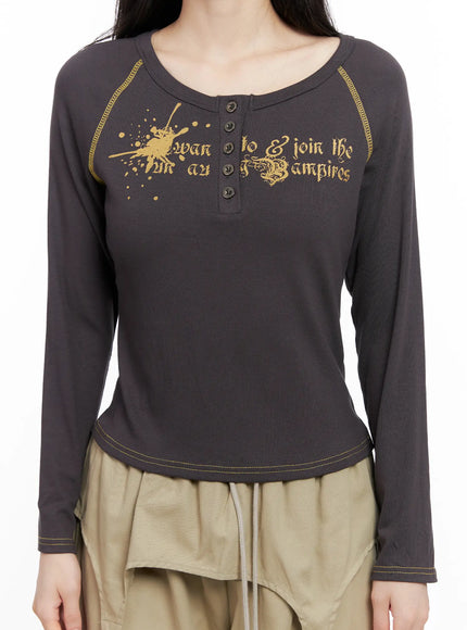 Tattoo Graphic U-Neck Long Sleeve Tee CG526