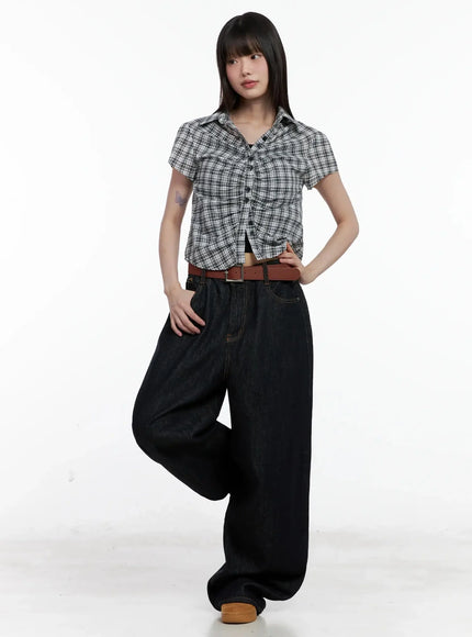 shirred-plaid-button-up-blouse-il531