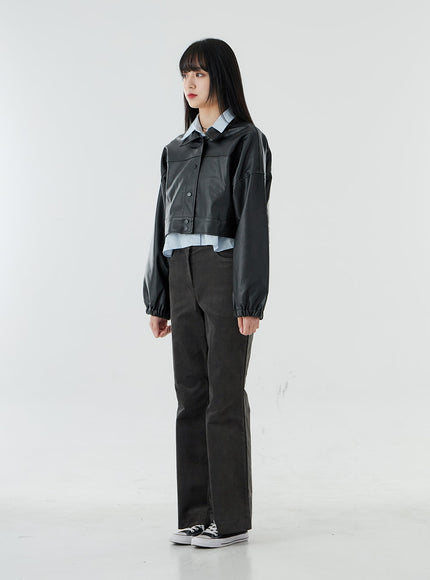 Faux Leather Button Crop Jacket OO26