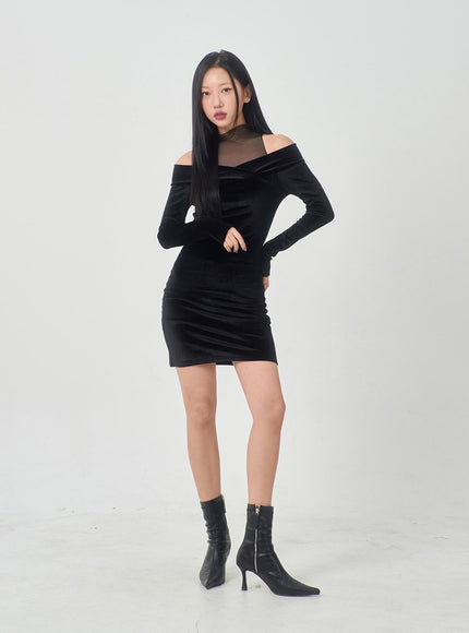 Velvet Off-Shoulder Mesh Neck Mini Dress BD23
