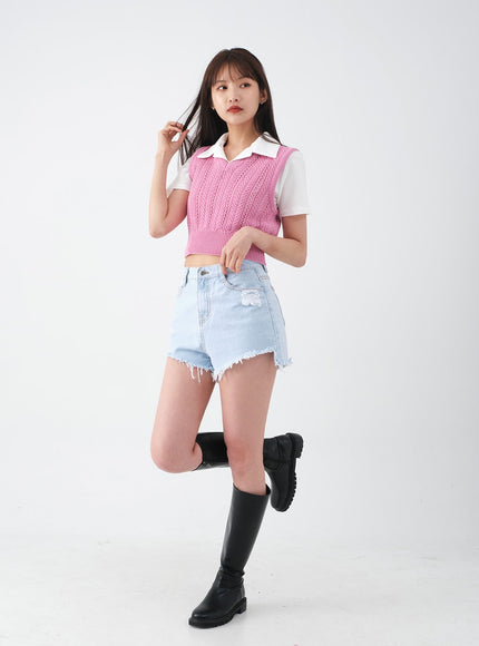 Distressed Raw Hem Denim Shorts CA27