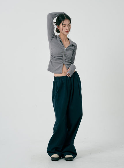 Ruffle Zipper Long Sleeve Top ID08