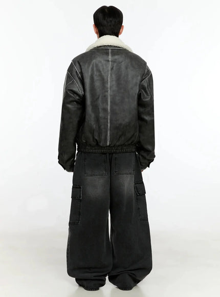 Men's Dark-Washed Cargo Wide Pants IN525