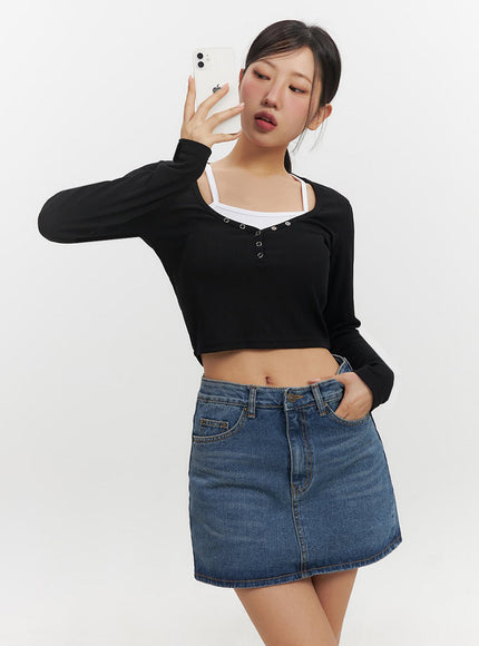 Buttoned Layered Long-Sleeve Crop Top IF510