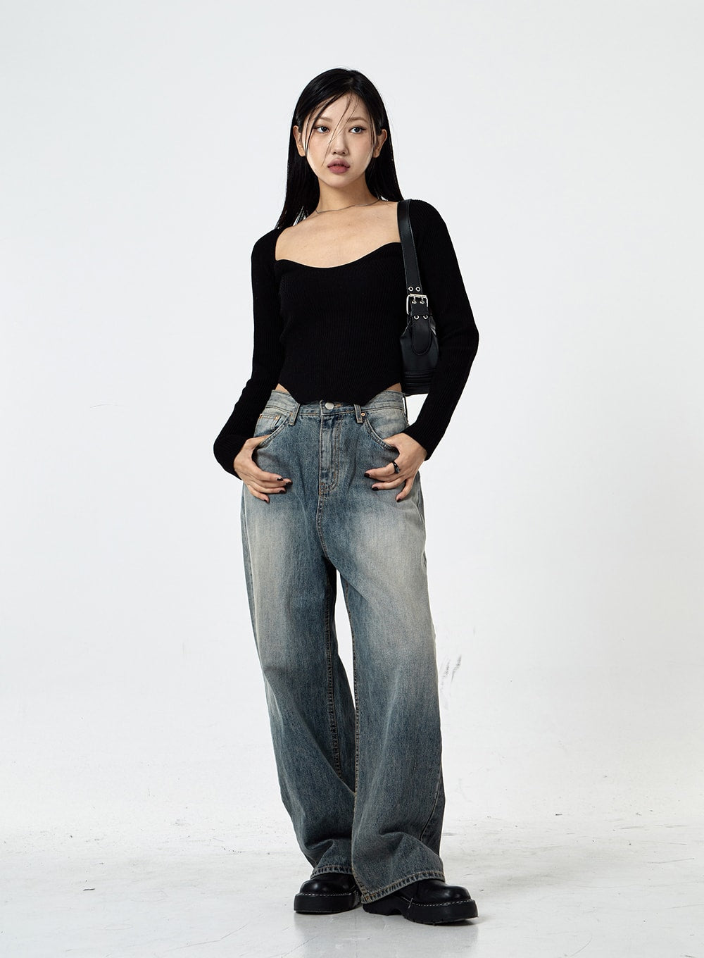【BAON】Bainin Patch Washing Wide Denim Pants WIDE LEG CENTRAL SEAM JEANS - Blue | ZARA Canada