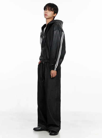 Men's Faux Leather Track Hooded Jacket IO517