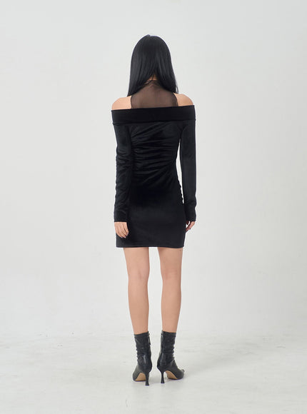 Velvet Off-Shoulder Mesh Neck Mini Dress BD23