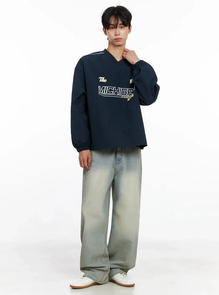 Men's V-Neck Lettering Windbreak Pullover IO516