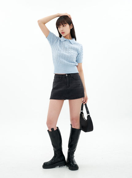 Cable Knit Collared Short-sleeve Sweater CA01