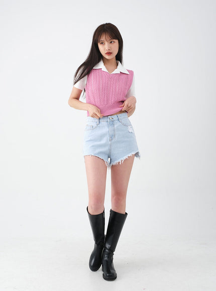 Distressed Raw Hem Denim Shorts CA27