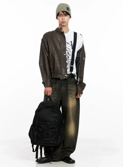 Men's Faux Leather Toggle Buckle Jacket IO517