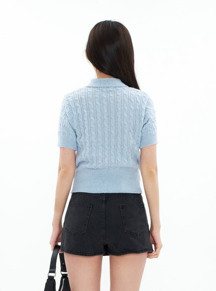 Cable Knit Collared Short-sleeve Sweater CA01