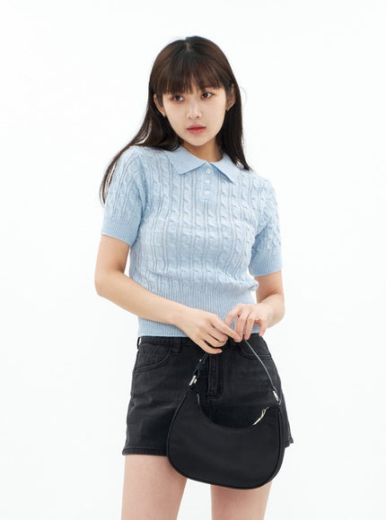 Cable Knit Collared Short-sleeve Sweater CA01