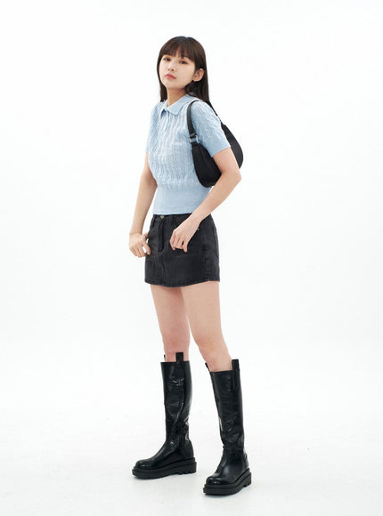 Cable Knit Collared Short-sleeve Sweater CA01