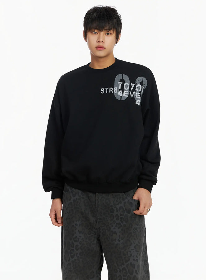 mens-graphic-print-fleece-crewneck-sweatshirt-ij527 / Black