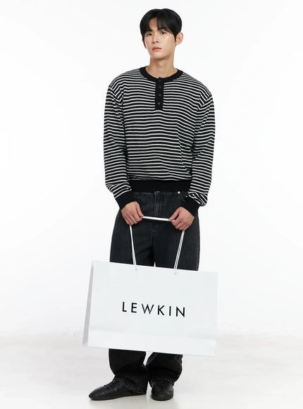 mens-striped-henley-knit-sweater-im518 / Black