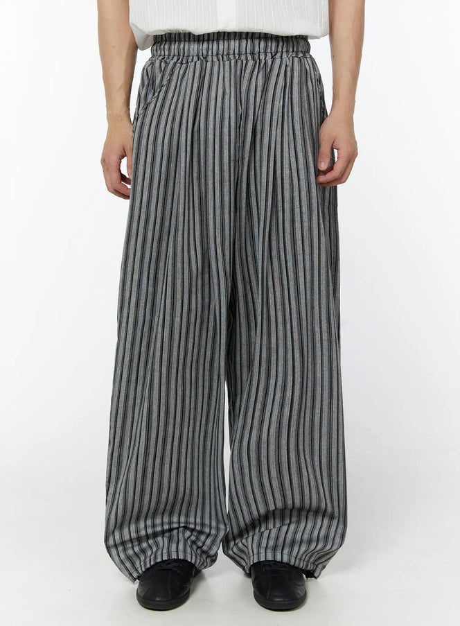 mens-striped-linen-balloon-fit-pants-black-iu504 / Black