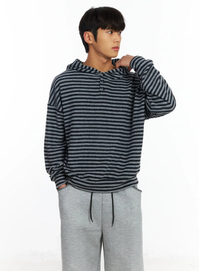 mens-striped-fleece-henley-hoodie-if506 / Black