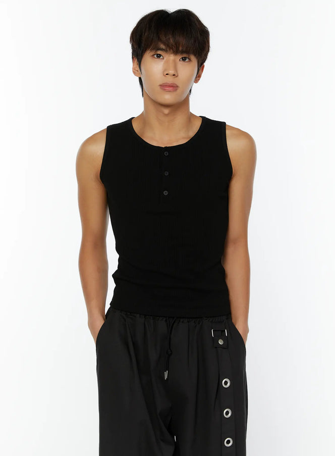 mens-ribbed-henley-tank-iy508 / Black